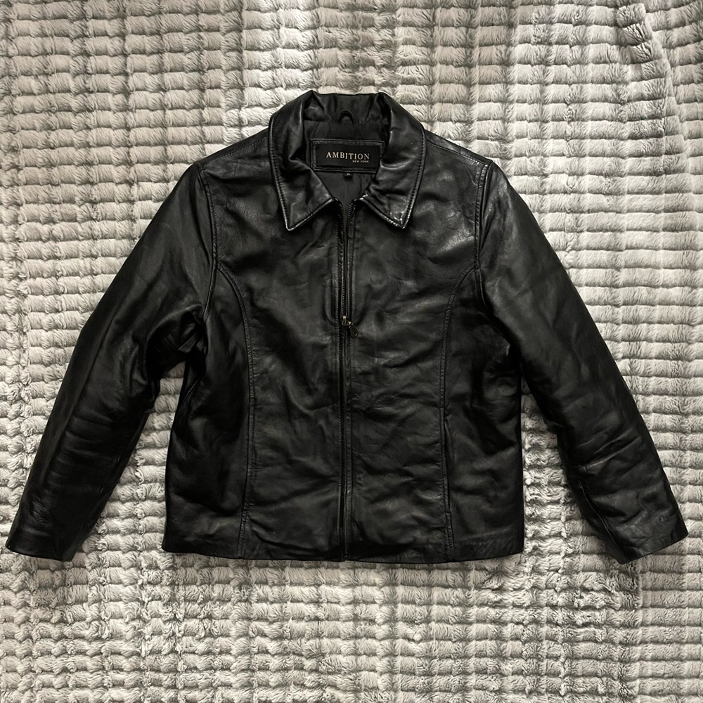 AMBITION NEW YORK WOMENS GENUINE BLACK LEATHER JACKET SZ 14 LARGE BLAZER